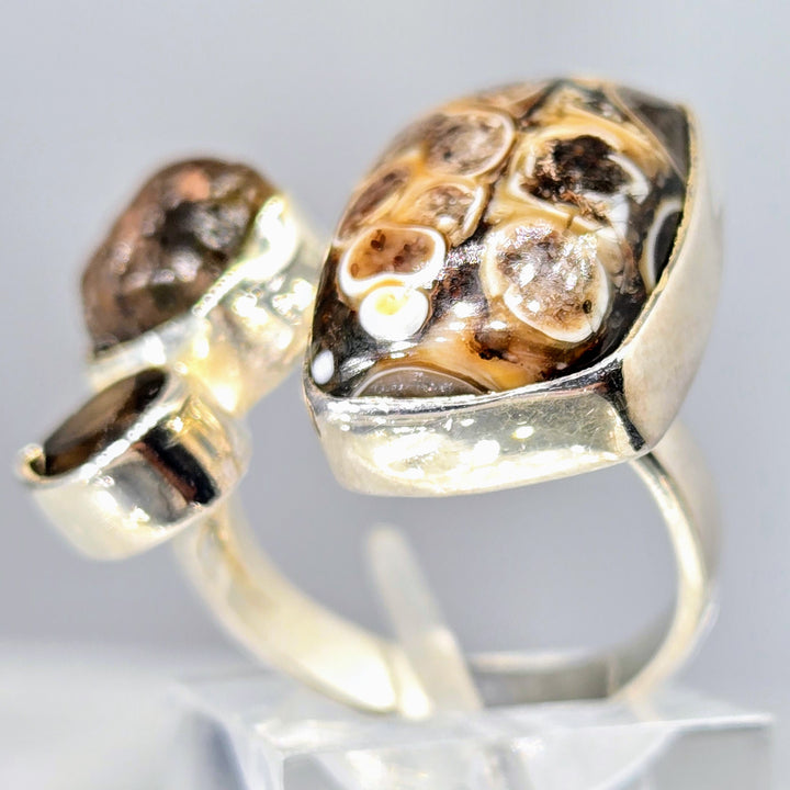 "Brownie Points for Awesomeness!" Adj Sz Ring - Turitella Fossil, Smoky Quartz, Sterling