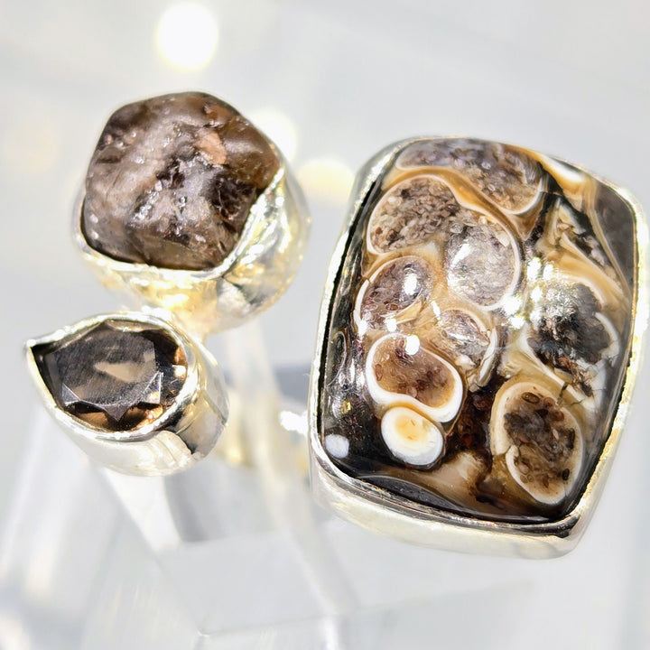 "Brownie Points for Awesomeness!" Adj Sz Ring - Turitella Fossil, Smoky Quartz, Sterling