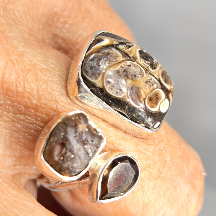 "Brownie Points for Awesomeness!" Adj Sz Ring - Turitella Fossil, Smoky Quartz, Sterling