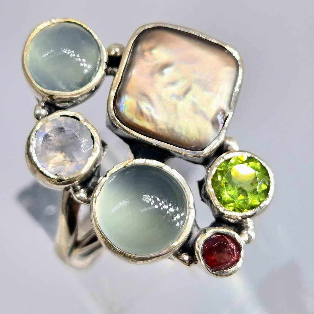 "Froggettabout It" Sz 8.25 Ring - Peridot, Pearl, Garnet, Moonstone, Chalcedony, Sterling