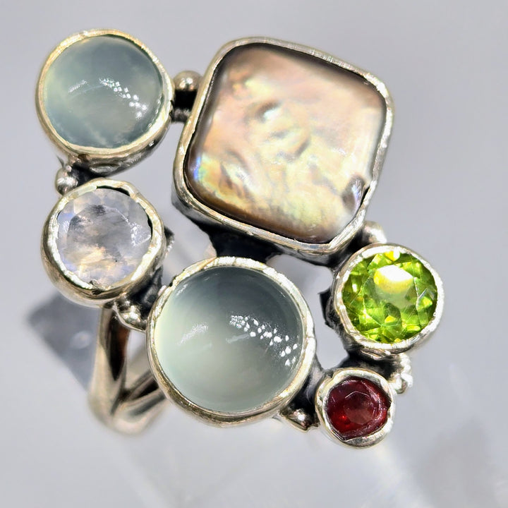 "Froggettabout It" Sz 8.25 Ring - Peridot, Pearl, Garnet, Moonstone, Chalcedony, Sterling