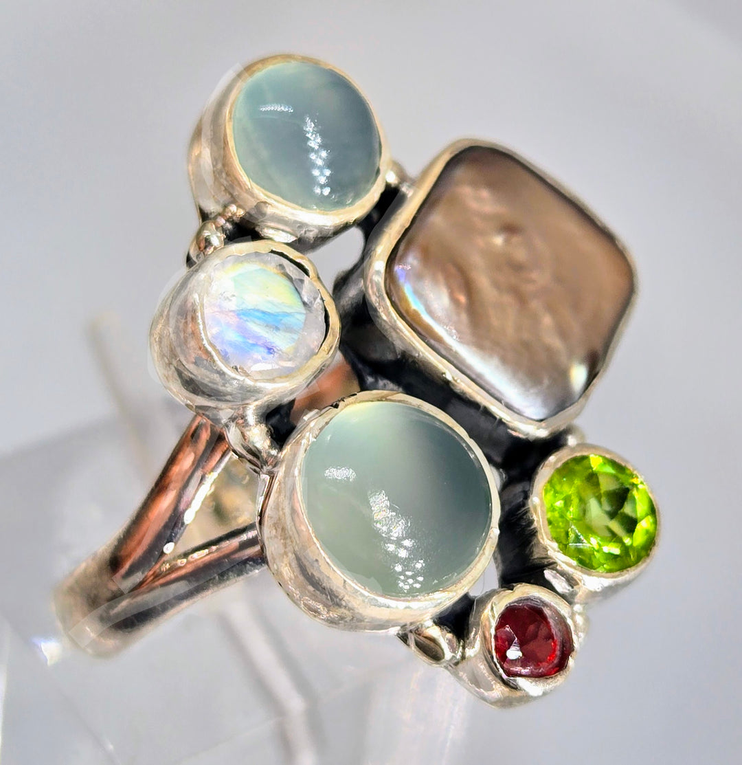 "Froggettabout It" Sz 8.25 Ring - Peridot, Pearl, Garnet, Moonstone, Chalcedony, Sterling