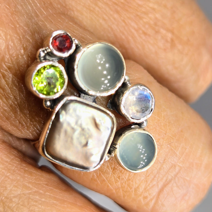 "Froggettabout It" Sz 8.25 Ring - Peridot, Pearl, Garnet, Moonstone, Chalcedony, Sterling