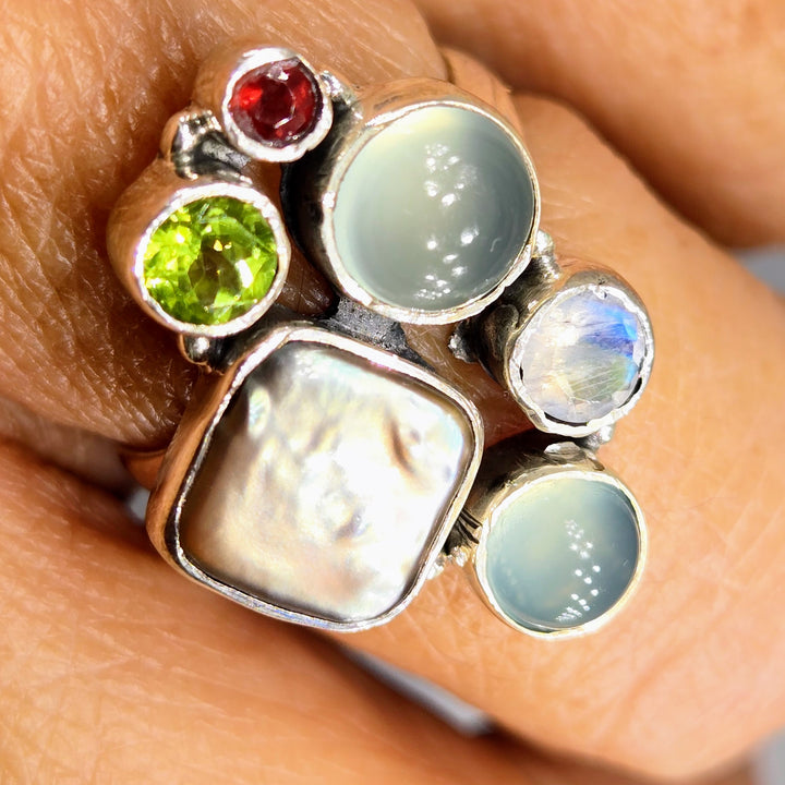 "Froggettabout It" Sz 8.25 Ring - Peridot, Pearl, Garnet, Moonstone, Chalcedony, Sterling