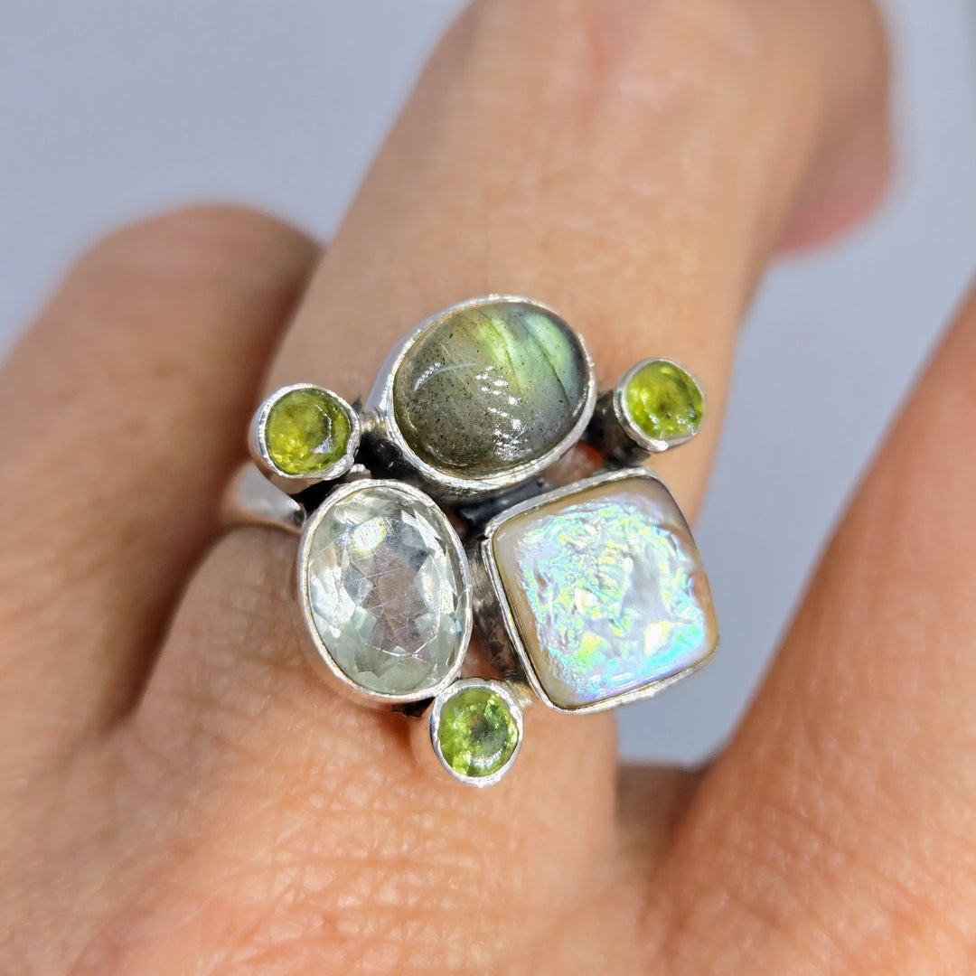 "Froggy Spice 2" Sz 8.25 Ring - Peridot, Prasiolite, Pearl, Labradorite, Sterling