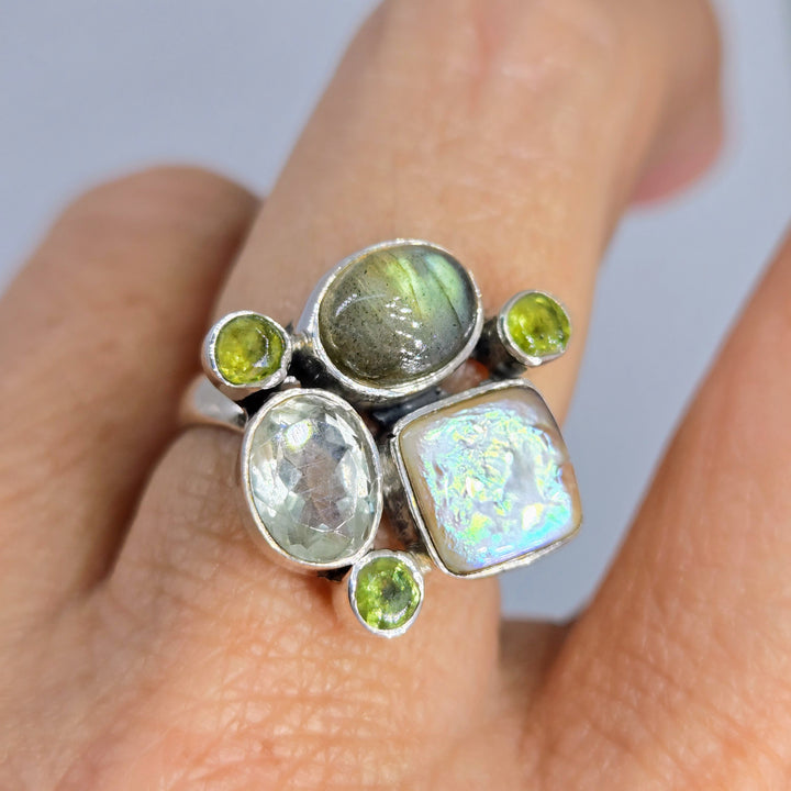 "Froggy Spice 2" Sz 8.25 Ring - Peridot, Prasiolite, Pearl, Labradorite, Sterling