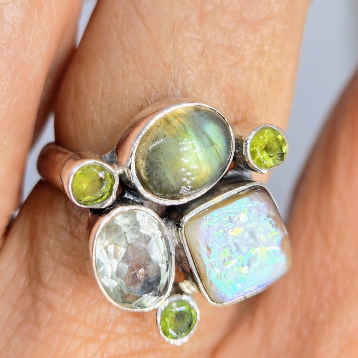 "Froggy Spice 2" Sz 8.25 Ring - Peridot, Prasiolite, Pearl, Labradorite, Sterling