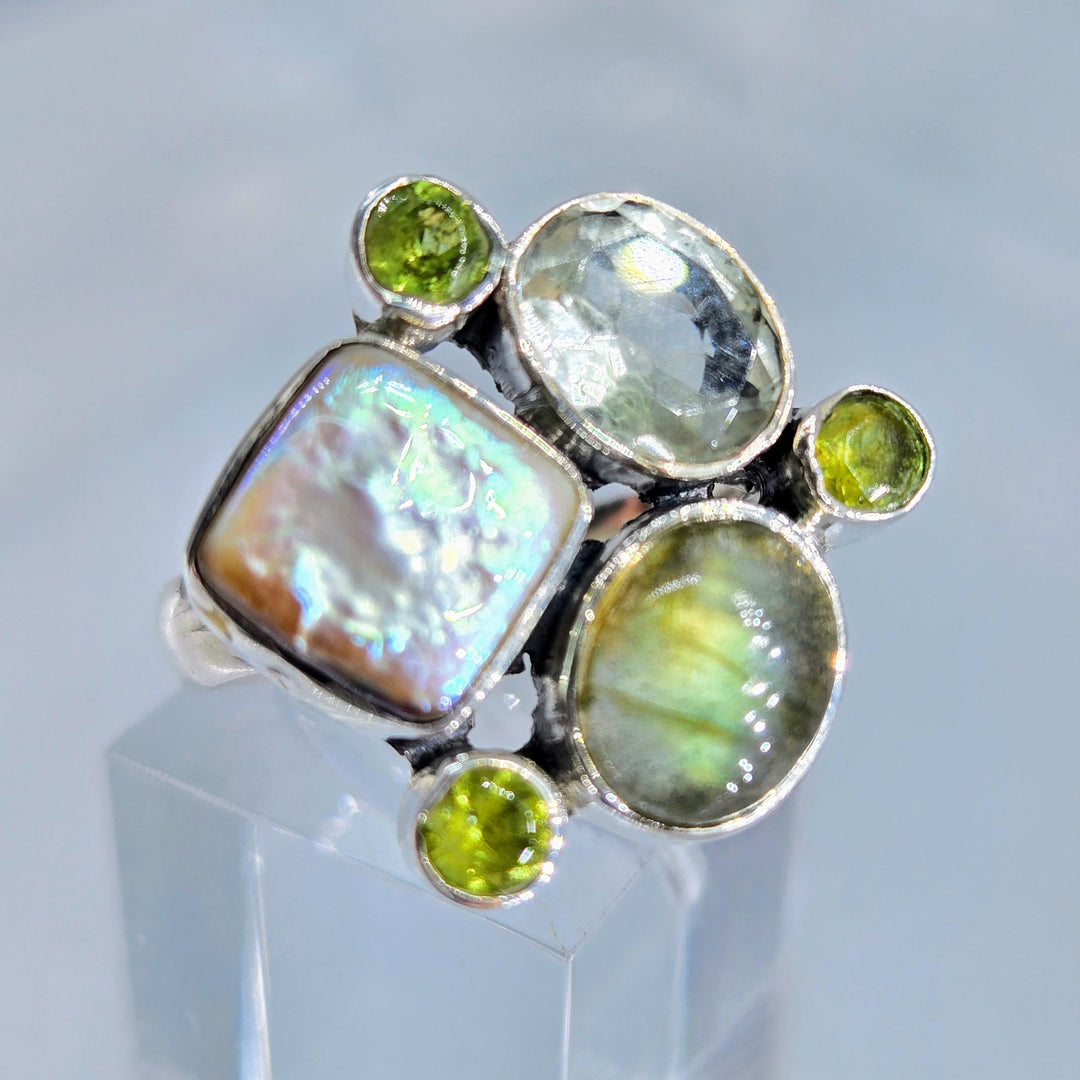 "Froggy Spice 2" Sz 8.25 Ring - Peridot, Prasiolite, Pearl, Labradorite, Sterling