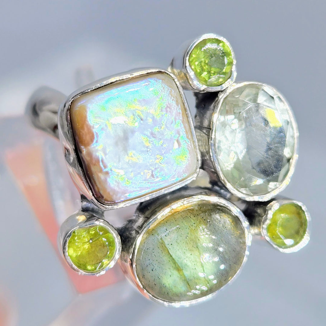"Froggy Spice 2" Sz 8.25 Ring - Peridot, Prasiolite, Pearl, Labradorite, Sterling