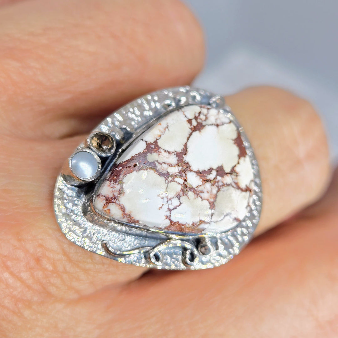 "Wild Horse" Sz 8 Ring - Wild Horse Turquoise, Pearl, Smoky Quartz, Sterling