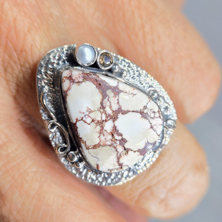 "Wild Horse" Sz 8 Ring - Wild Horse Turquoise, Pearl, Smoky Quartz, Sterling
