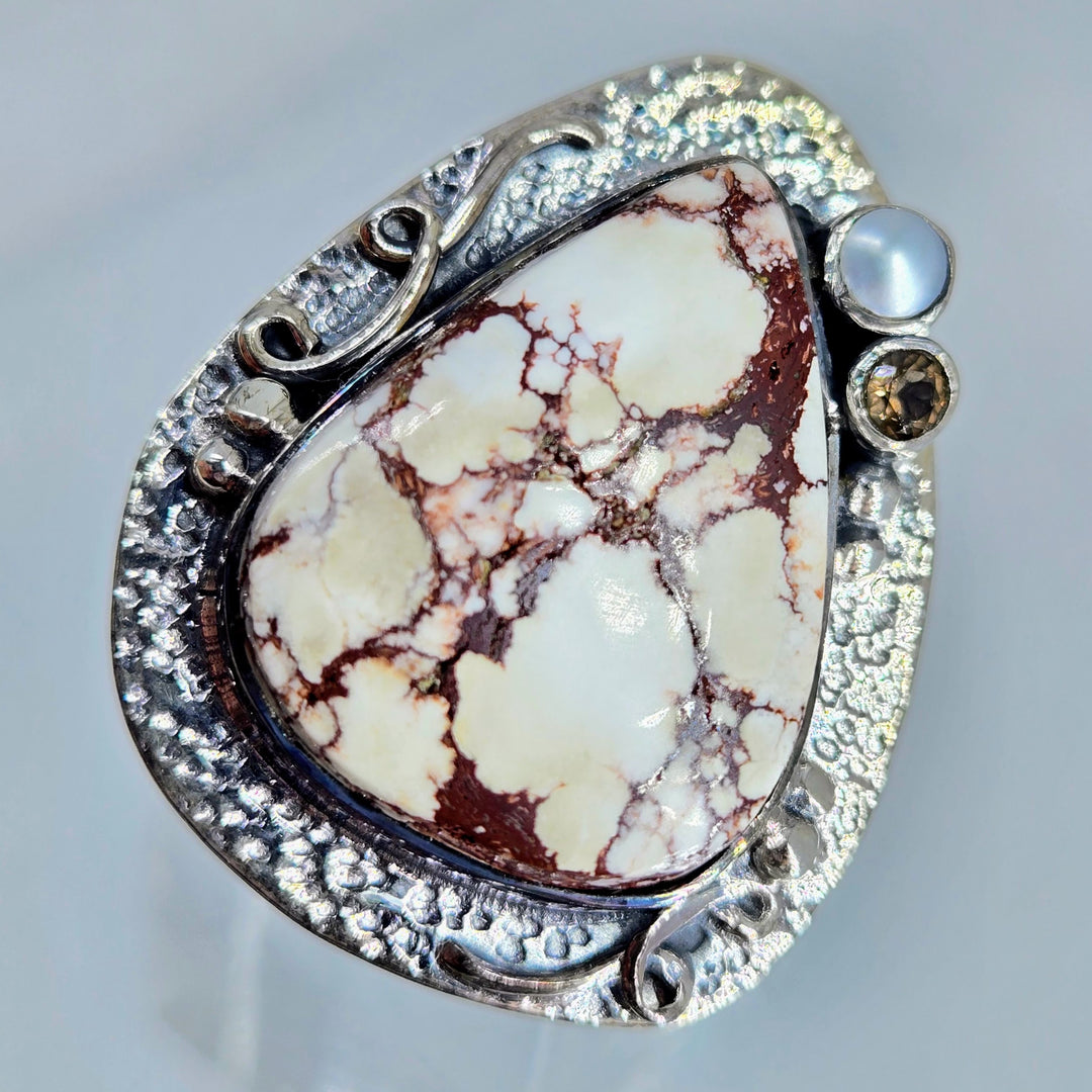 "Wild Horse" Sz 8 Ring - Wild Horse Turquoise, Pearl, Smoky Quartz, Sterling