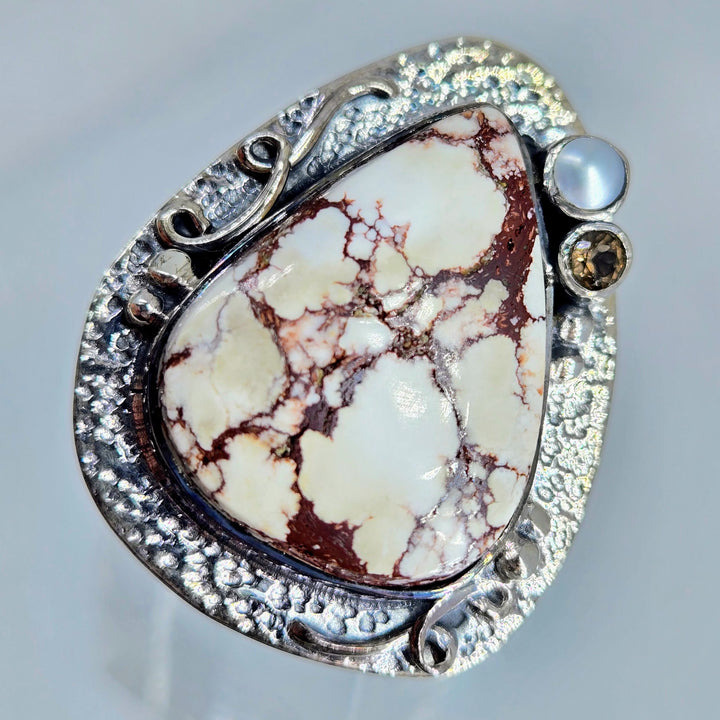"Wild Horse" Sz 8 Ring - Wild Horse Turquoise, Pearl, Smoky Quartz, Sterling