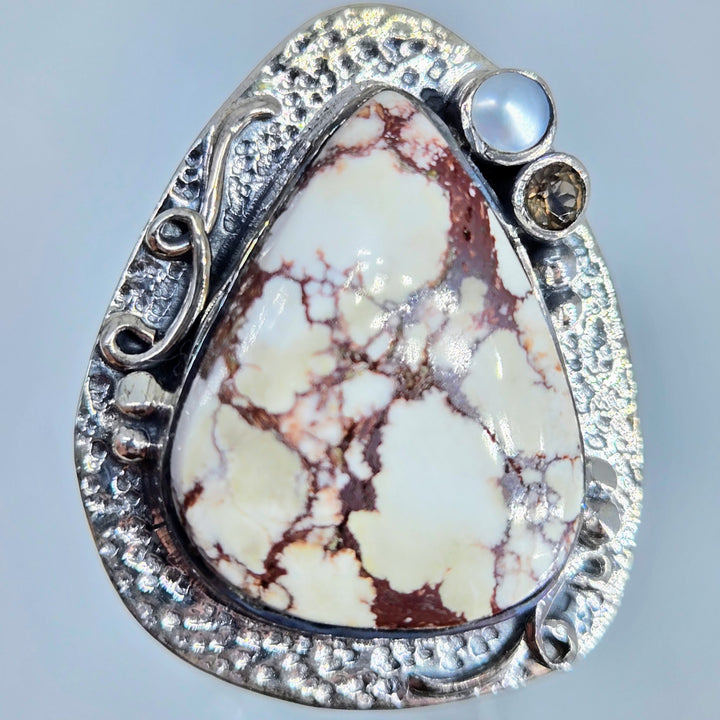 "Wild Horse" Sz 8 Ring - Wild Horse Turquoise, Pearl, Smoky Quartz, Sterling
