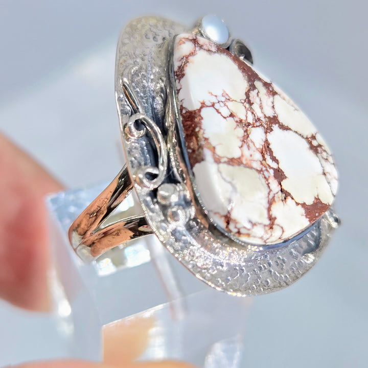 "Wild Horse" Sz 8 Ring - Wild Horse Turquoise, Pearl, Smoky Quartz, Sterling