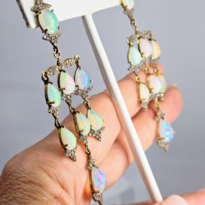 "Belle Époque" 3.25" Earrings - Opals, Diamonds, 18k Gold Sterling