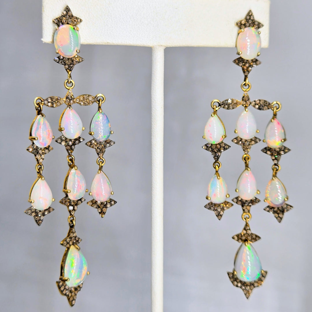 "Belle Époque" 3.25" Earrings - Opals, Diamonds, 18k Gold Sterling