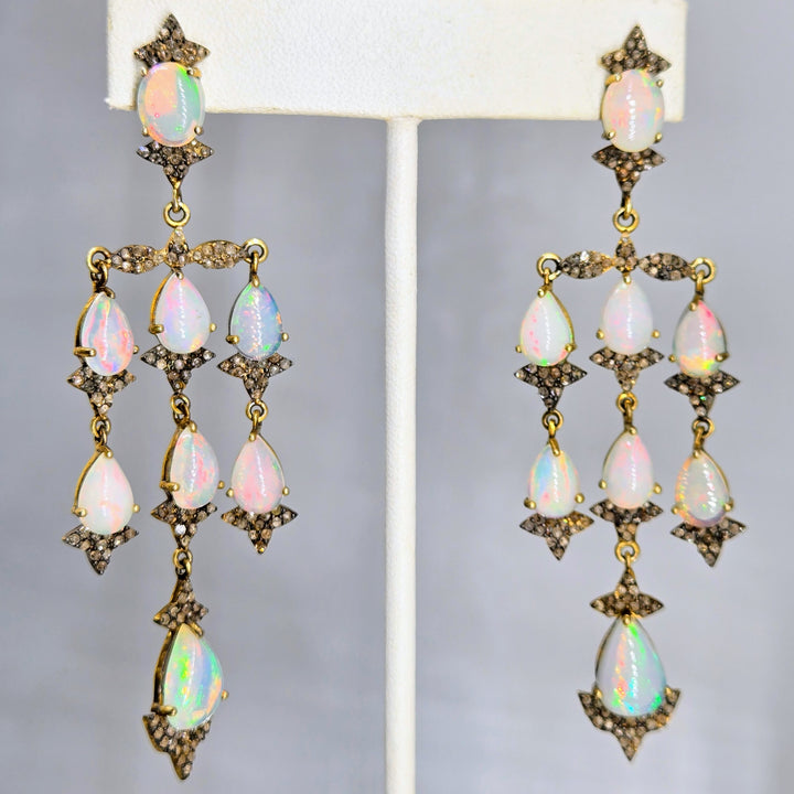 "Belle Époque" 3.25" Earrings - Opals, Diamonds, 18k Gold Sterling