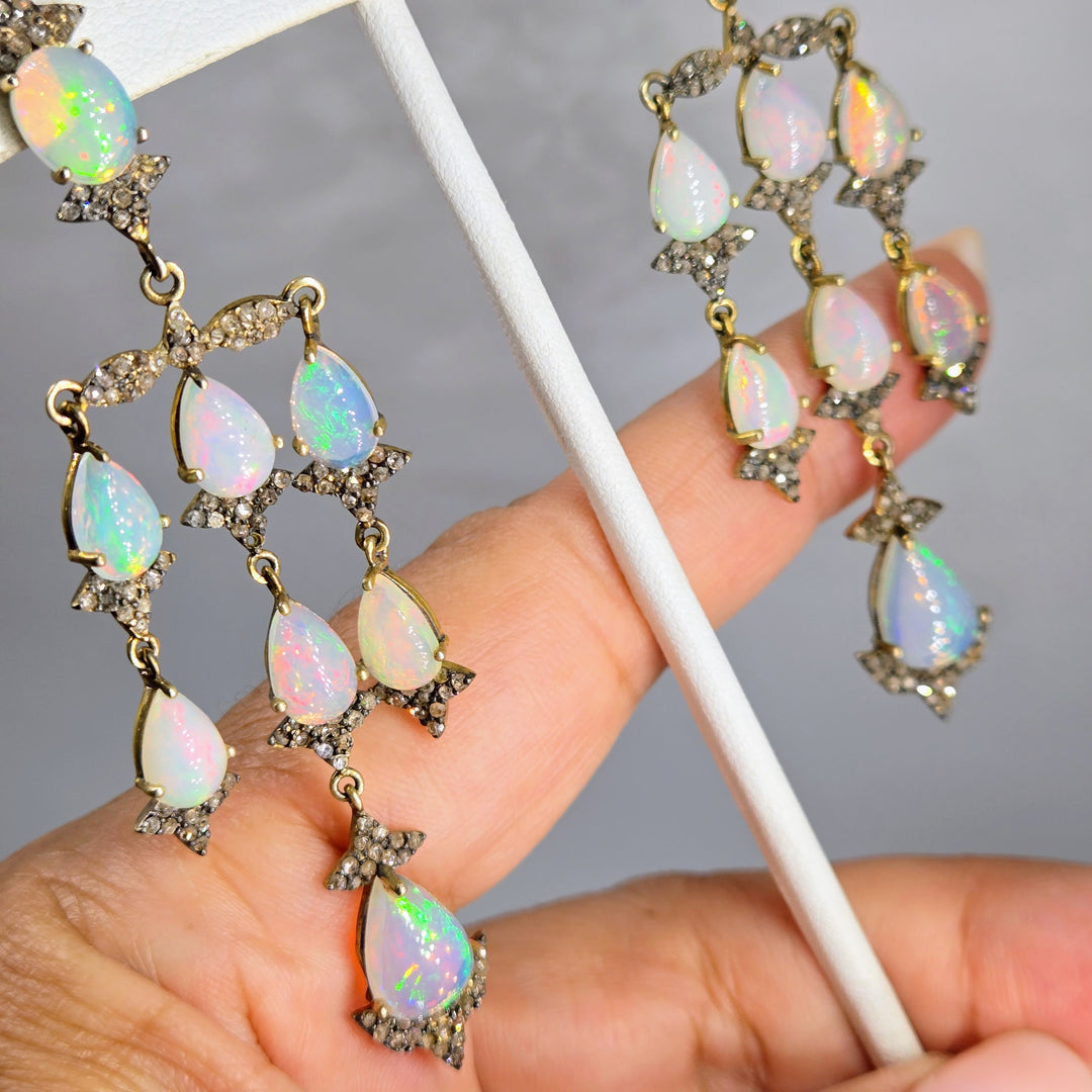 "Belle Époque" 3.25" Earrings - Opals, Diamonds, 18k Gold Sterling