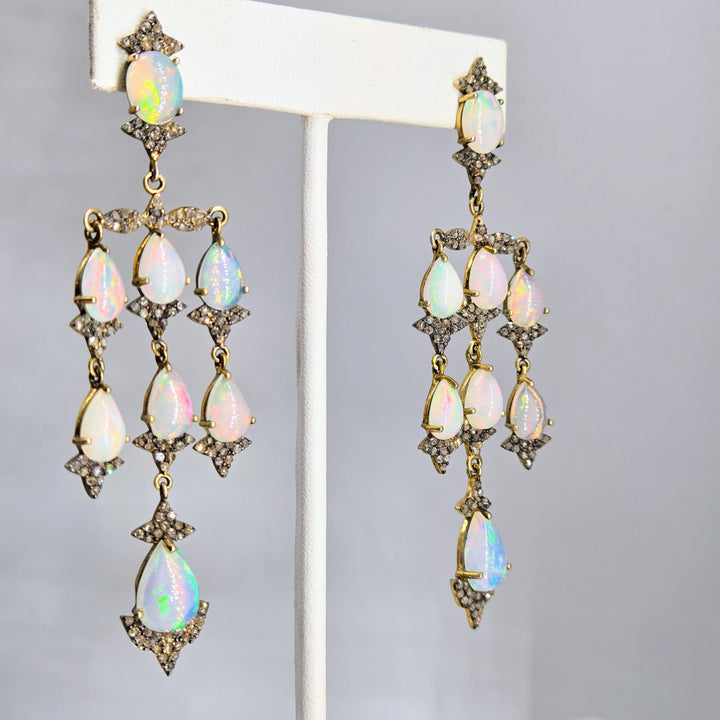 "Belle Époque" 3.25" Earrings - Opals, Diamonds, 18k Gold Sterling