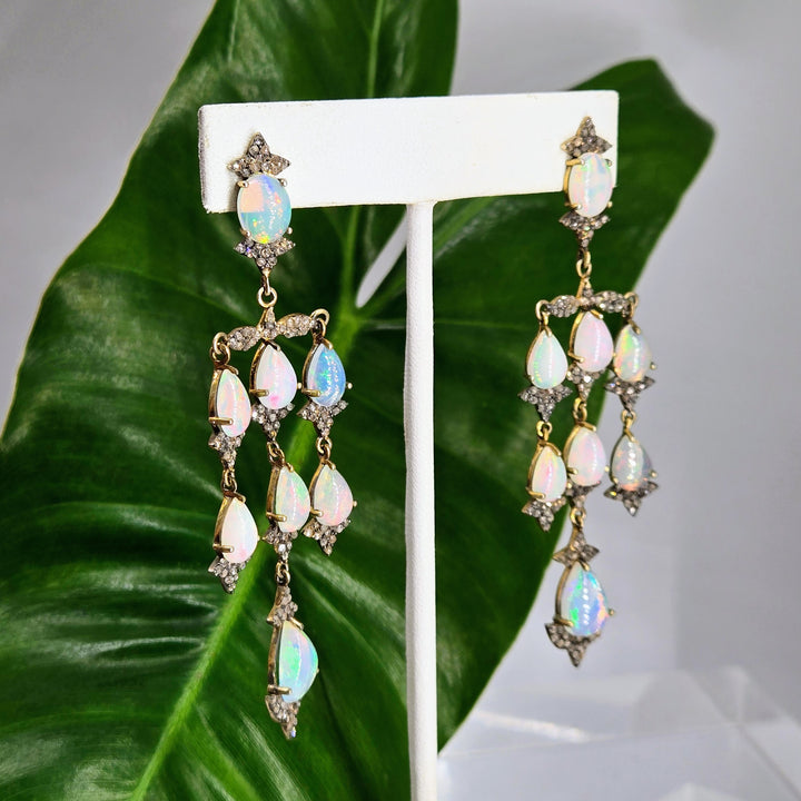"Belle Époque" 3.25" Earrings - Opals, Diamonds, 18k Gold Sterling
