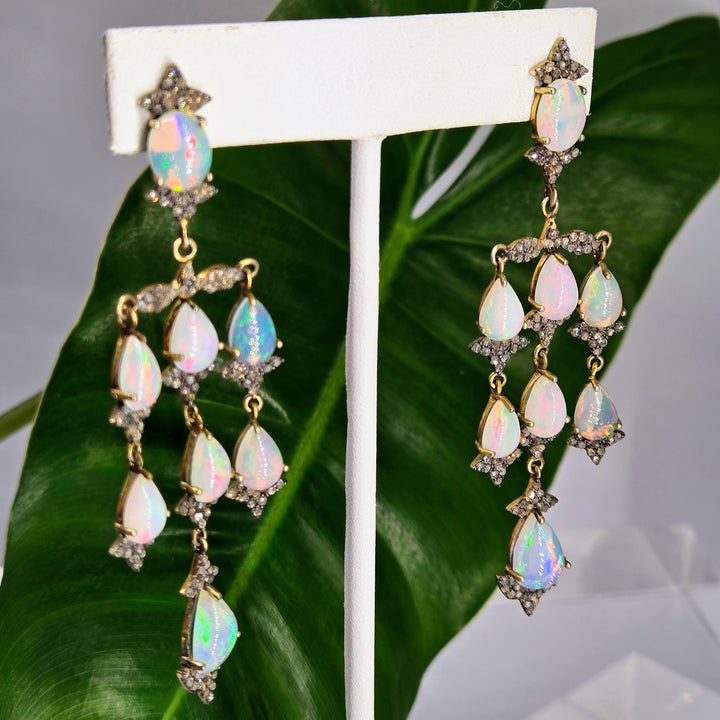 "Belle Époque" 3.25" Earrings - Opals, Diamonds, 18k Gold Sterling