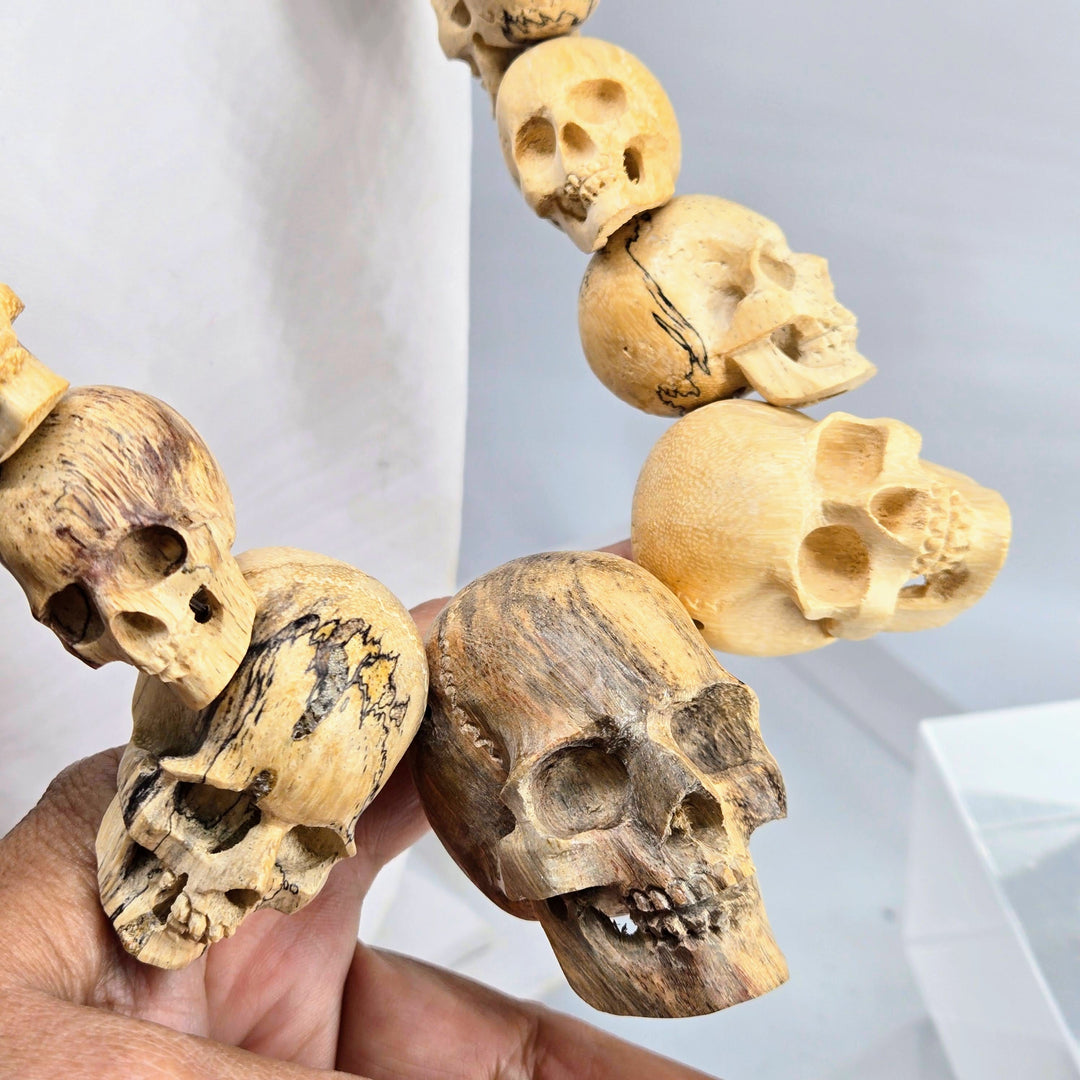 "The Talking Heads" 28" - 29" Necklace Hand-carved Wood, Sterling