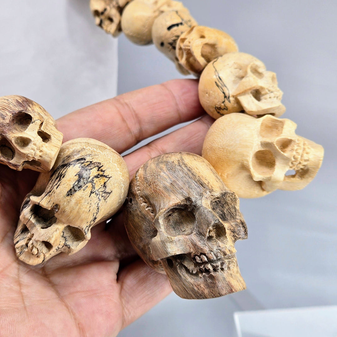 "The Talking Heads" 28" - 29" Necklace Hand-carved Wood, Sterling