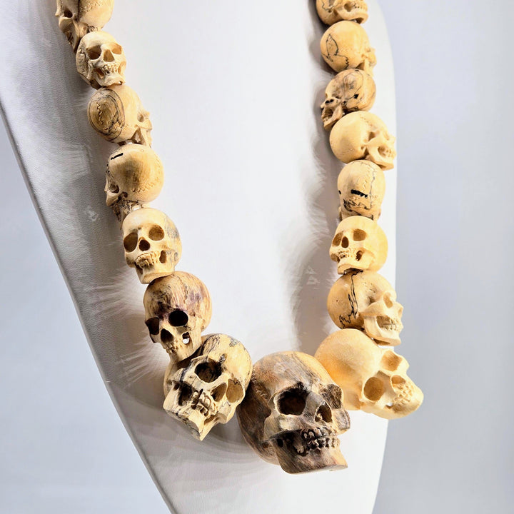 "The Talking Heads" 28" - 29" Necklace Hand-carved Wood, Sterling