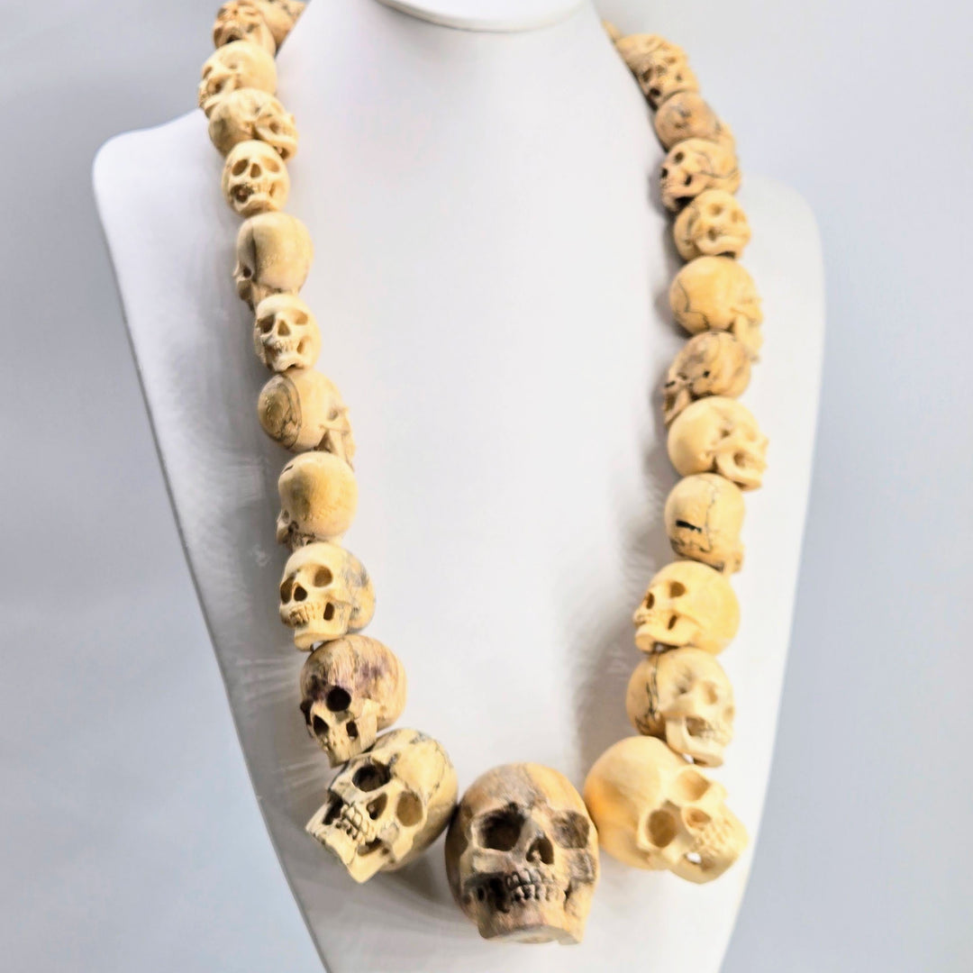 "The Talking Heads" 28" - 29" Necklace Hand-carved Wood, Sterling