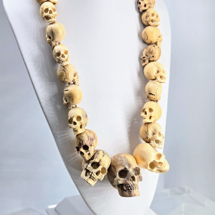 "The Talking Heads" 28" - 29" Necklace Hand-carved Wood, Sterling