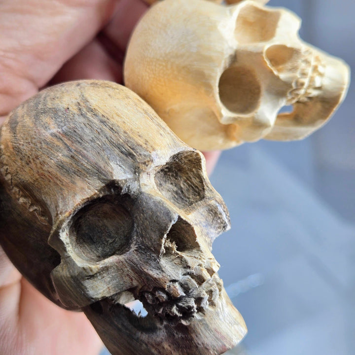 "The Talking Heads" 28" - 29" Necklace Hand-carved Wood, Sterling