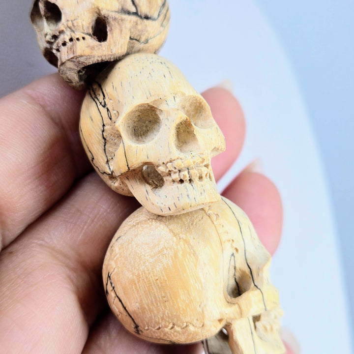 "The Talking Heads" 28" - 29" Necklace Hand-carved Wood, Sterling