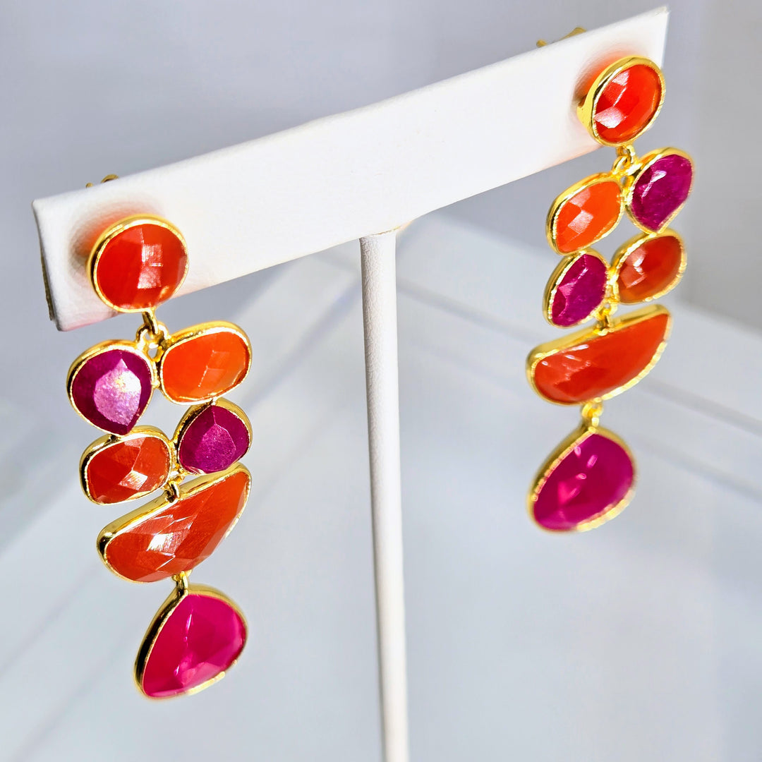 "Fruity Pebbles" 2.75" Earrings - Carnelian, Pink Quartz, 18k Gold, Jeweler's Brass