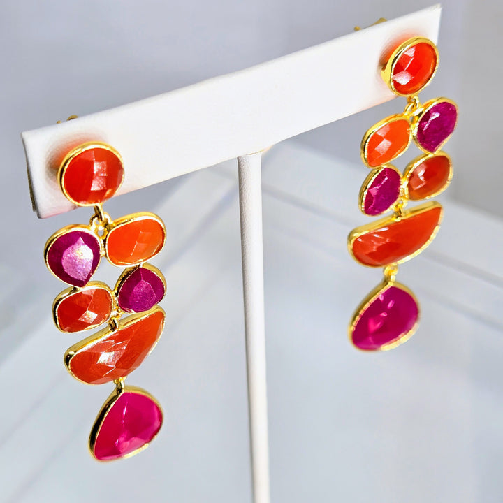 "Fruity Pebbles" 2.75" Earrings - Carnelian, Pink Quartz, 18k Gold, Jeweler's Brass