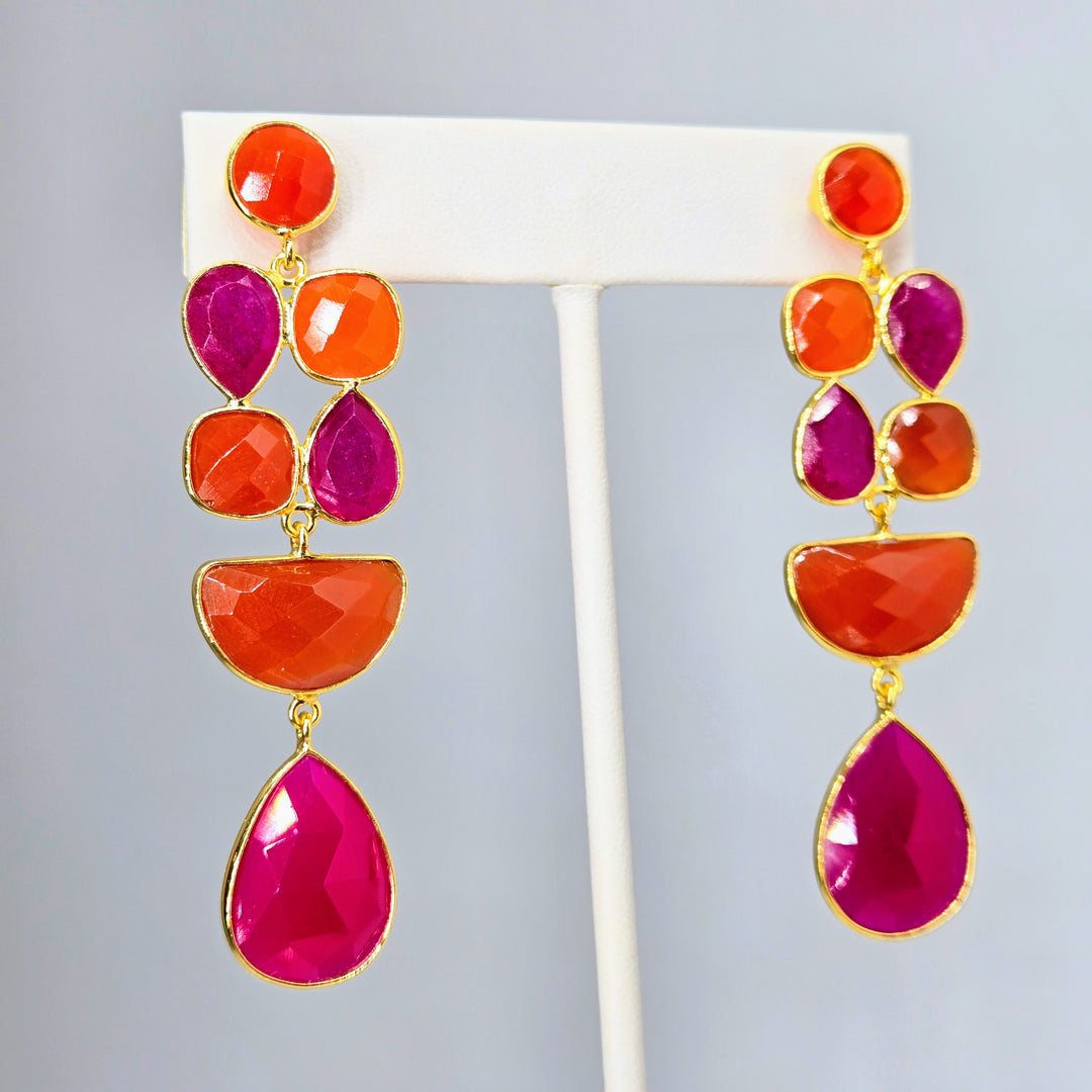 "Fruity Pebbles" 2.75" Earrings - Carnelian, Pink Quartz, 18k Gold, Jeweler's Brass