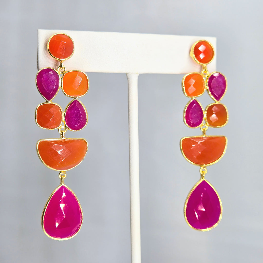 "Fruity Pebbles" 2.75" Earrings - Carnelian, Pink Quartz, 18k Gold, Jeweler's Brass