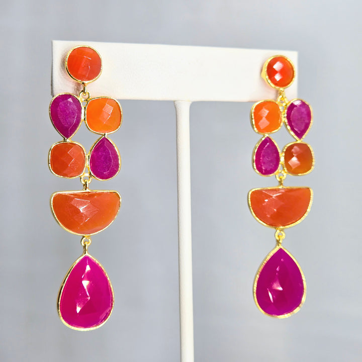 "Fruity Pebbles" 2.75" Earrings - Carnelian, Pink Quartz, 18k Gold, Jeweler's Brass