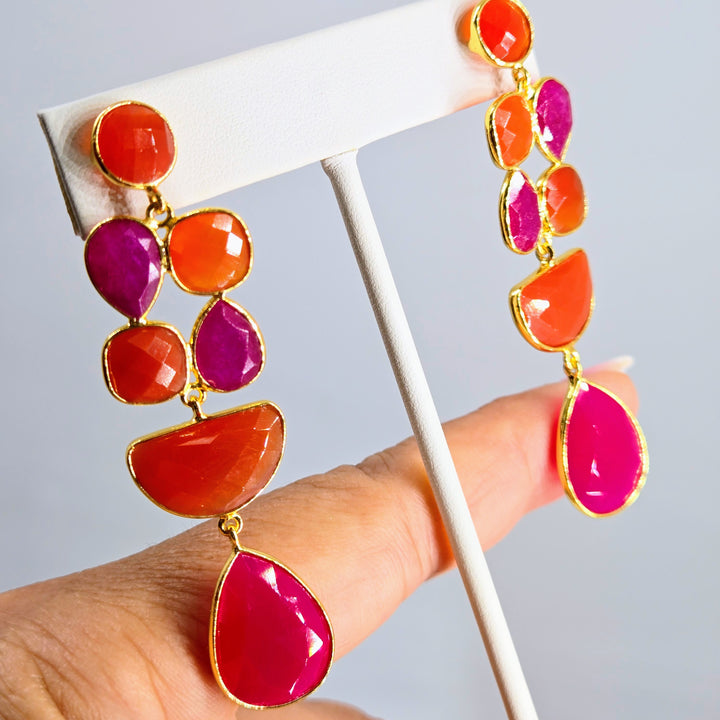 "Fruity Pebbles" 2.75" Earrings - Carnelian, Pink Quartz, 18k Gold, Jeweler's Brass