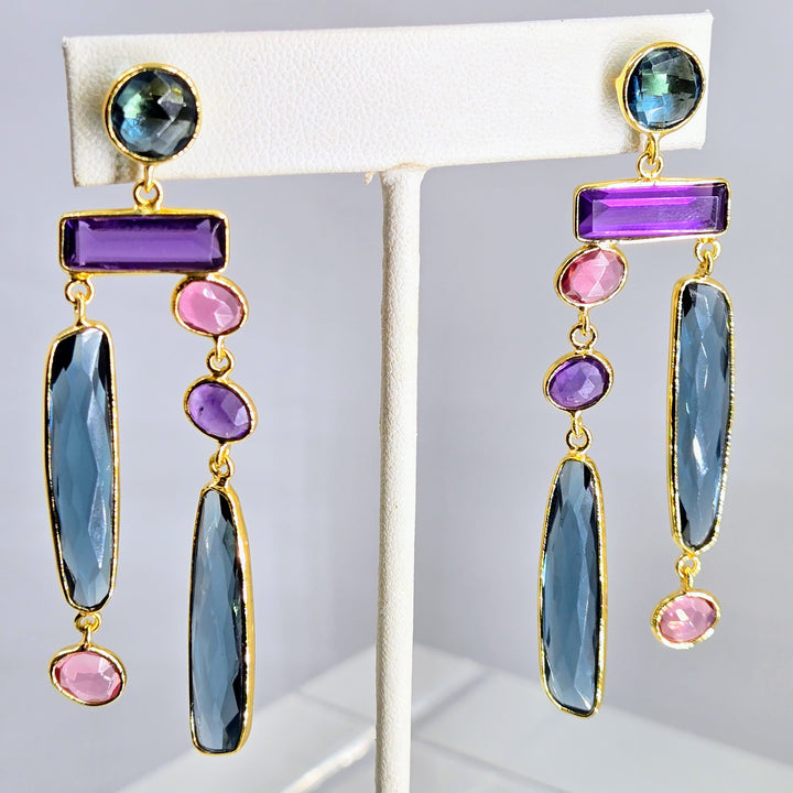 "Dusky Delights" 3" Earrings - London Blue Topaz. Amethyst, Pink Quartz, 18k Gold, Jeweler's Brass
