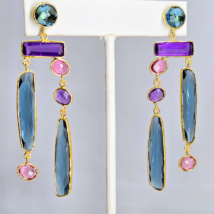"Dusky Delights" 3" Earrings - London Blue Topaz. Amethyst, Pink Quartz, 18k Gold, Jeweler's Brass