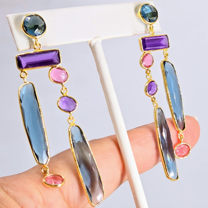 "Dusky Delights" 3" Earrings - London Blue Topaz. Amethyst, Pink Quartz, 18k Gold, Jeweler's Brass