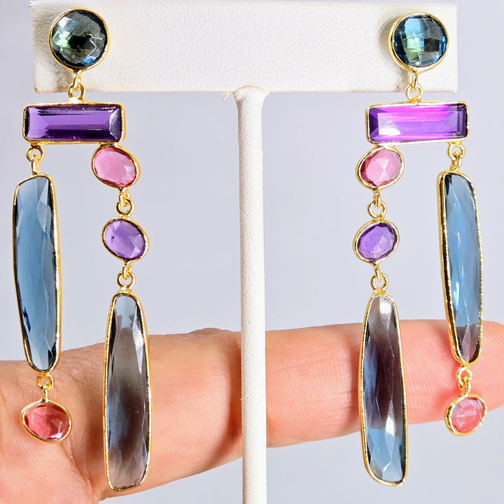 "Dusky Delights" 3" Earrings - London Blue Topaz. Amethyst, Pink Quartz, 18k Gold, Jeweler's Brass