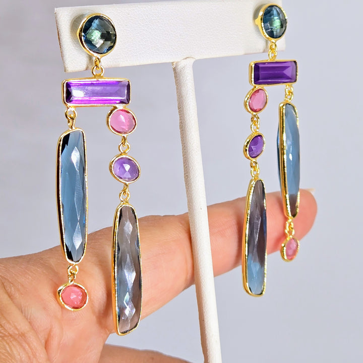 "Dusky Delights" 3" Earrings - London Blue Topaz. Amethyst, Pink Quartz, 18k Gold, Jeweler's Brass