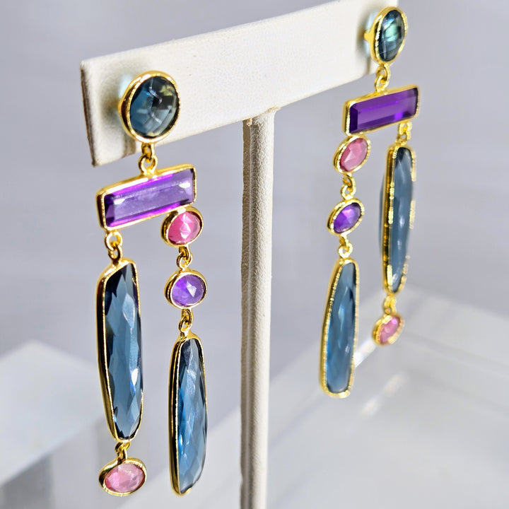 "Dusky Delights" 3" Earrings - London Blue Topaz. Amethyst, Pink Quartz, 18k Gold, Jeweler's Brass