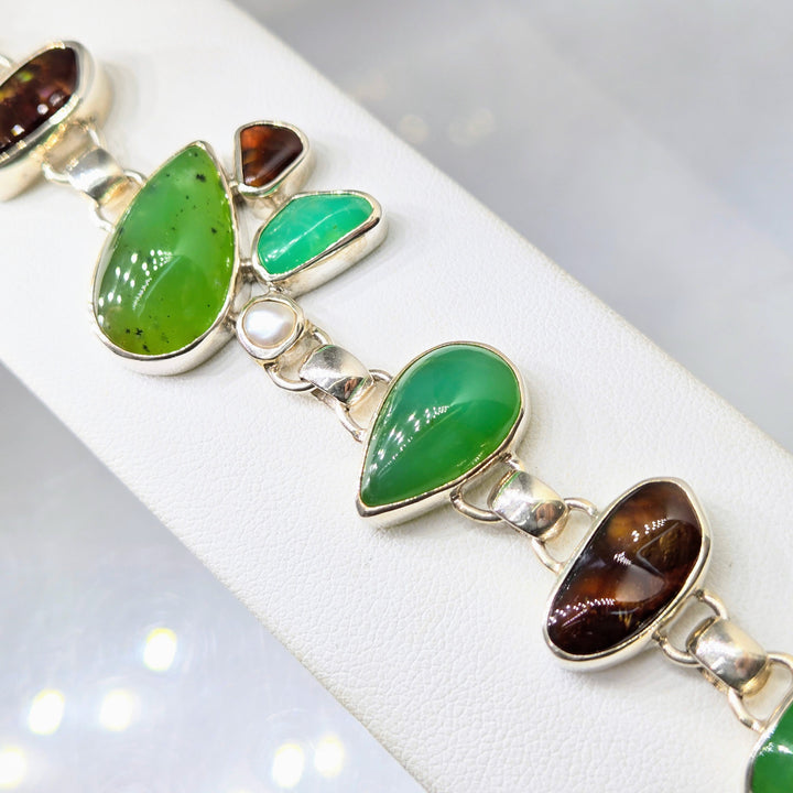 "Carmel Apple" Bracelet - Chrysoprase, Fire Agate, Pearl, Sterling