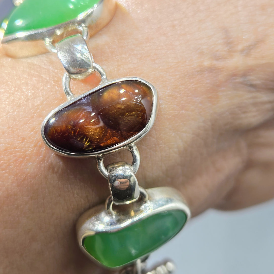 "Carmel Apple" Bracelet - Chrysoprase, Fire Agate, Pearl, Sterling