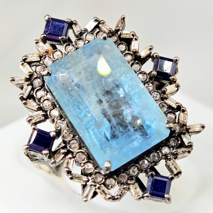 "Edwardian Dream" Sz 6.75 Ring - Aquamarine, Sapphire, Diamonds, Black Sterling