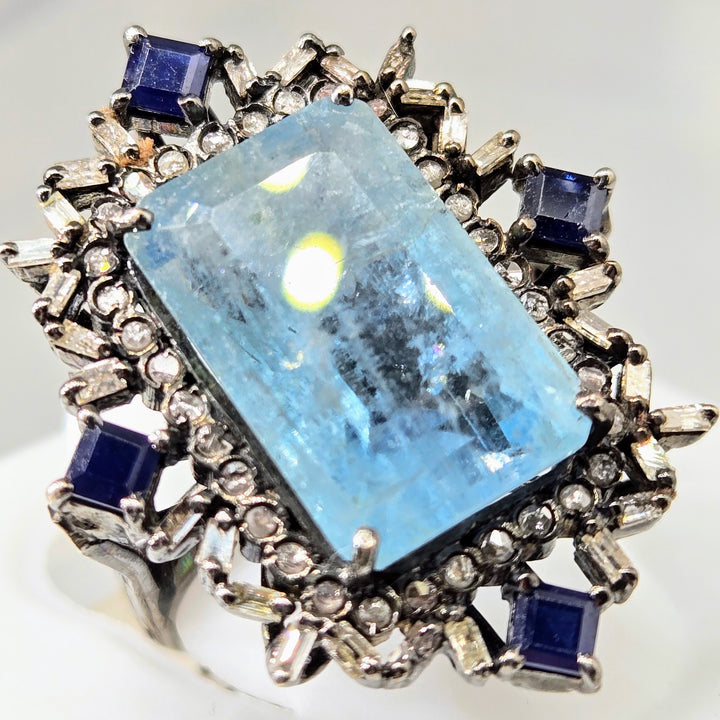 "Edwardian Dream" Sz 6.75 Ring - Aquamarine, Sapphire, Diamonds, Black Sterling