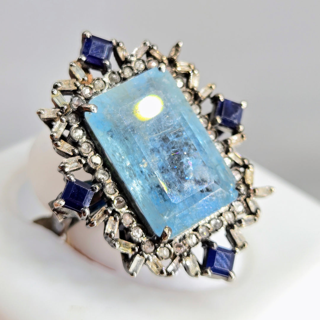 "Edwardian Dream" Sz 6.75 Ring - Aquamarine, Sapphire, Diamonds, Black Sterling